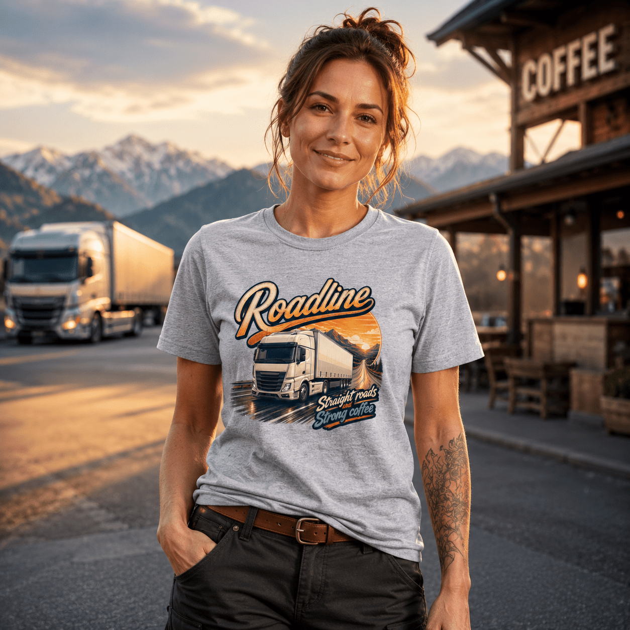 Model wearing the Camberline Roadline Refrigerated Truck T-Shirt with lorry graphic clothing design