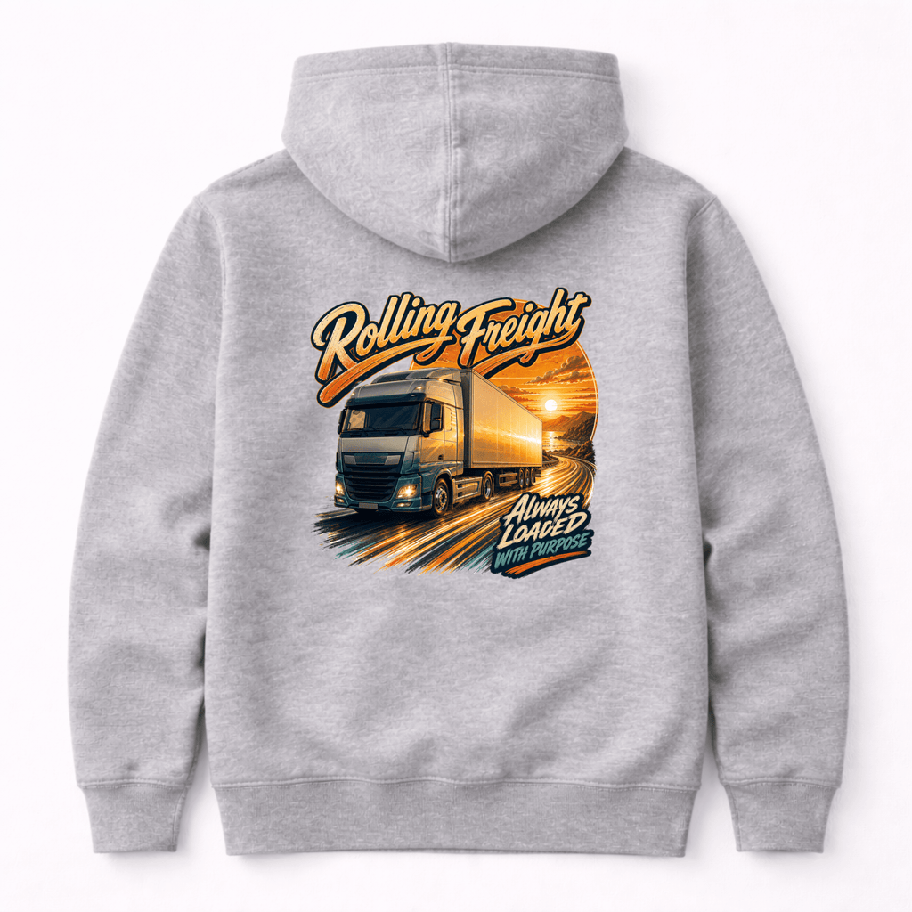 Camberline Rolling Freight Curtainside Hoodie showing the back graphic print for lorries and haulage clothing