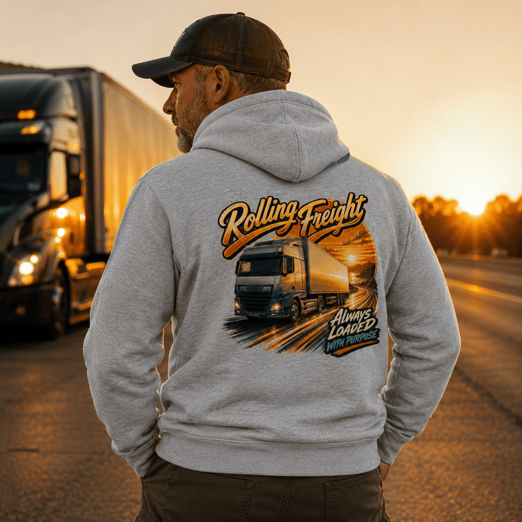 Model wearing the Camberline Rolling Freight Curtainside Hoodie with lorry graphic clothing design