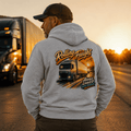 Model wearing the Camberline Rolling Freight Curtainside Hoodie with lorry graphic clothing design