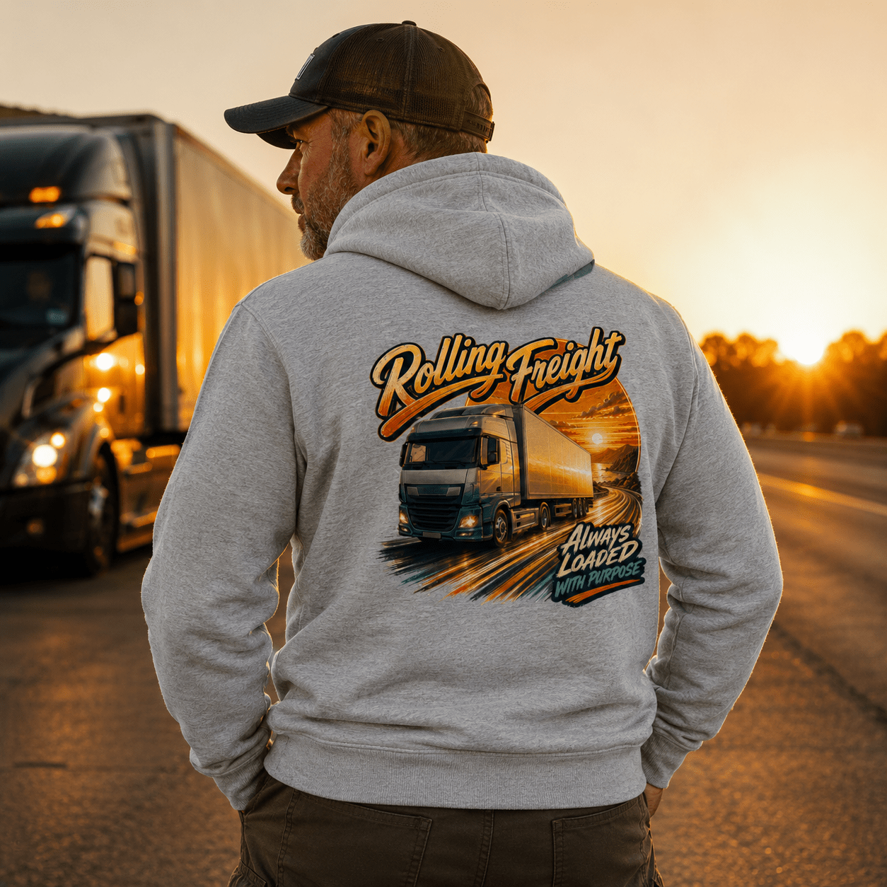 Model wearing the Camberline Rolling Freight Curtainside Hoodie with lorry graphic clothing design