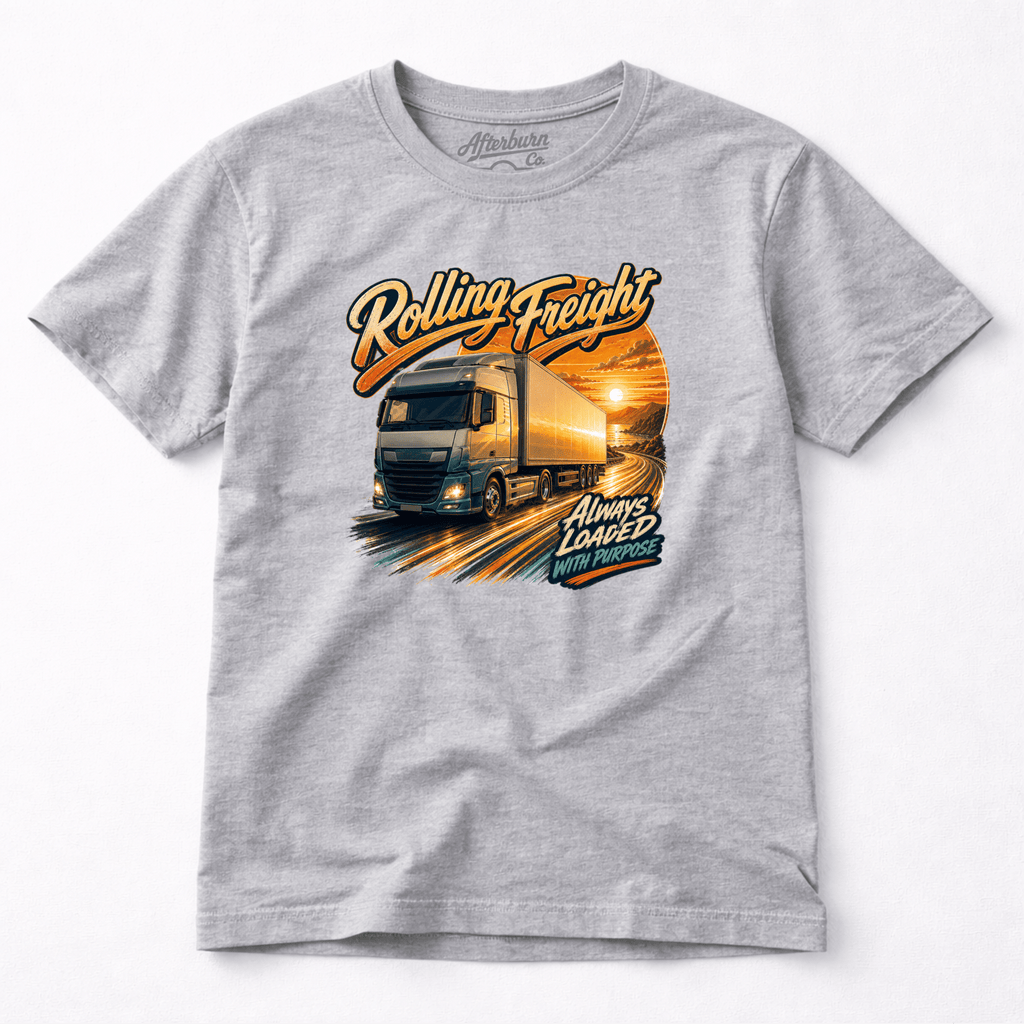 Camberline Rolling Freight Curtainside T-Shirt showing the front graphic print for lorries and haulage clothing