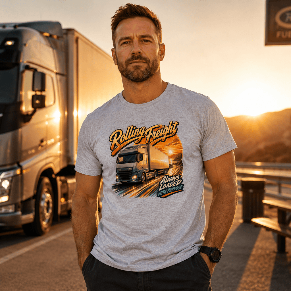 Model wearing the Camberline Rolling Freight Curtainside T-Shirt with lorry graphic clothing design