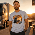 Model wearing the Camberline Rolling Freight Curtainside T-Shirt with lorry graphic clothing design