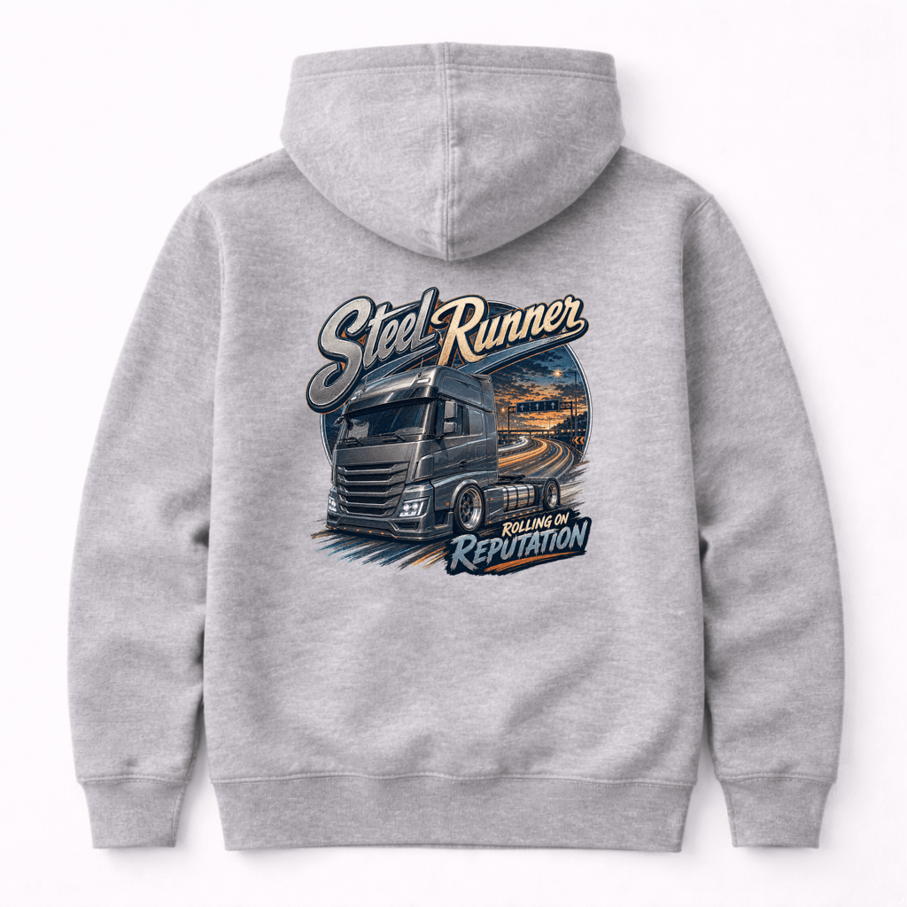 Camberline Steel Runner Lorry Hoodie showing the back graphic print for lorries and haulage clothing