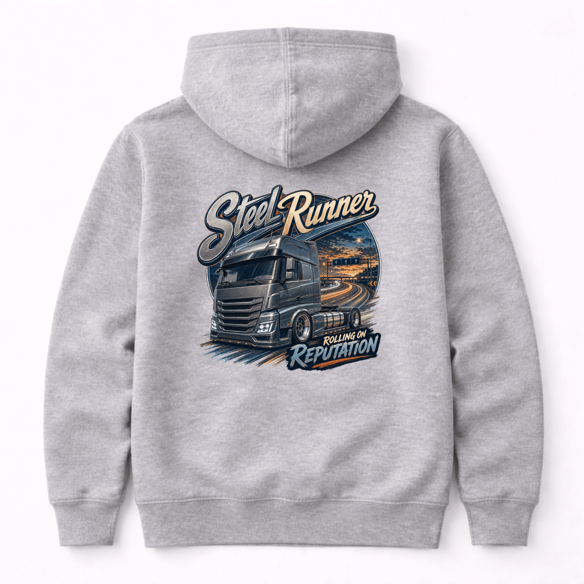 Camberline Steel Runner Lorry Hoodie showing the back graphic print for lorries and haulage clothing