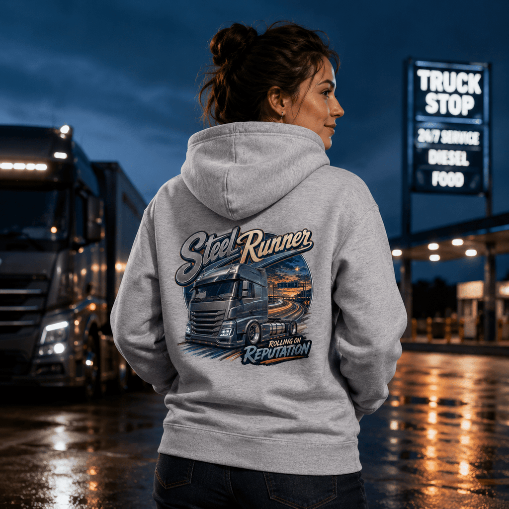 Model wearing the Camberline Steel Runner Lorry Hoodie with lorry graphic clothing design