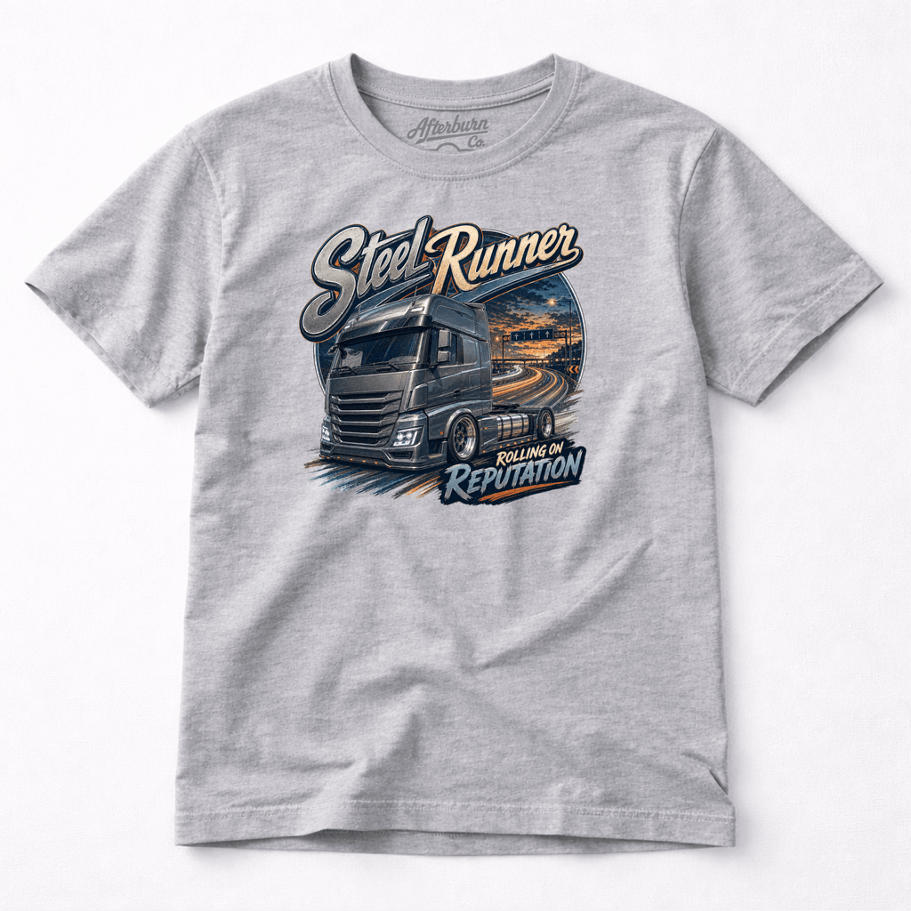 Camberline Steel Runner Lorry T-Shirt showing the front graphic print for lorries and haulage clothing