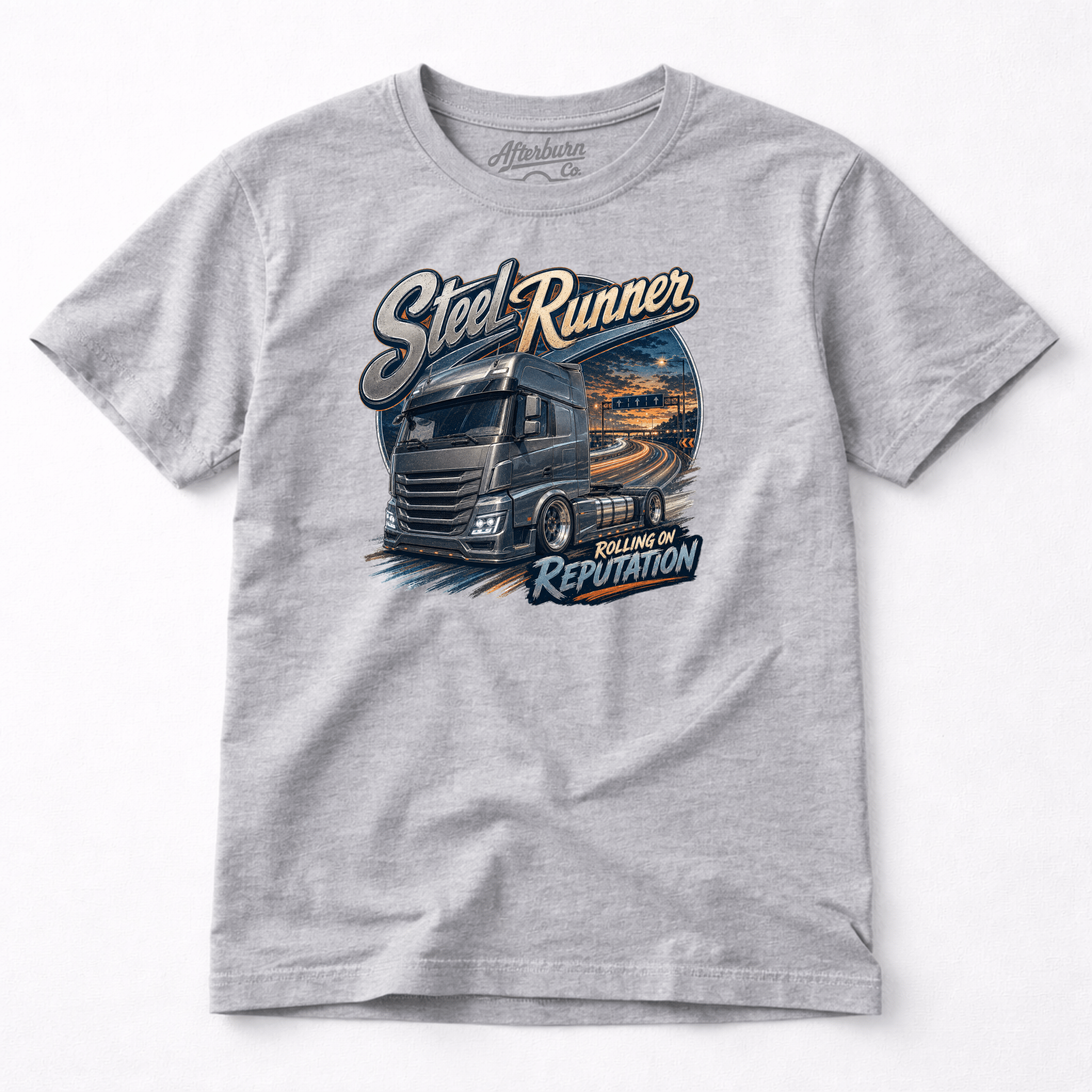 Camberline Steel Runner Lorry T-Shirt showing the front graphic print for lorries and haulage clothing