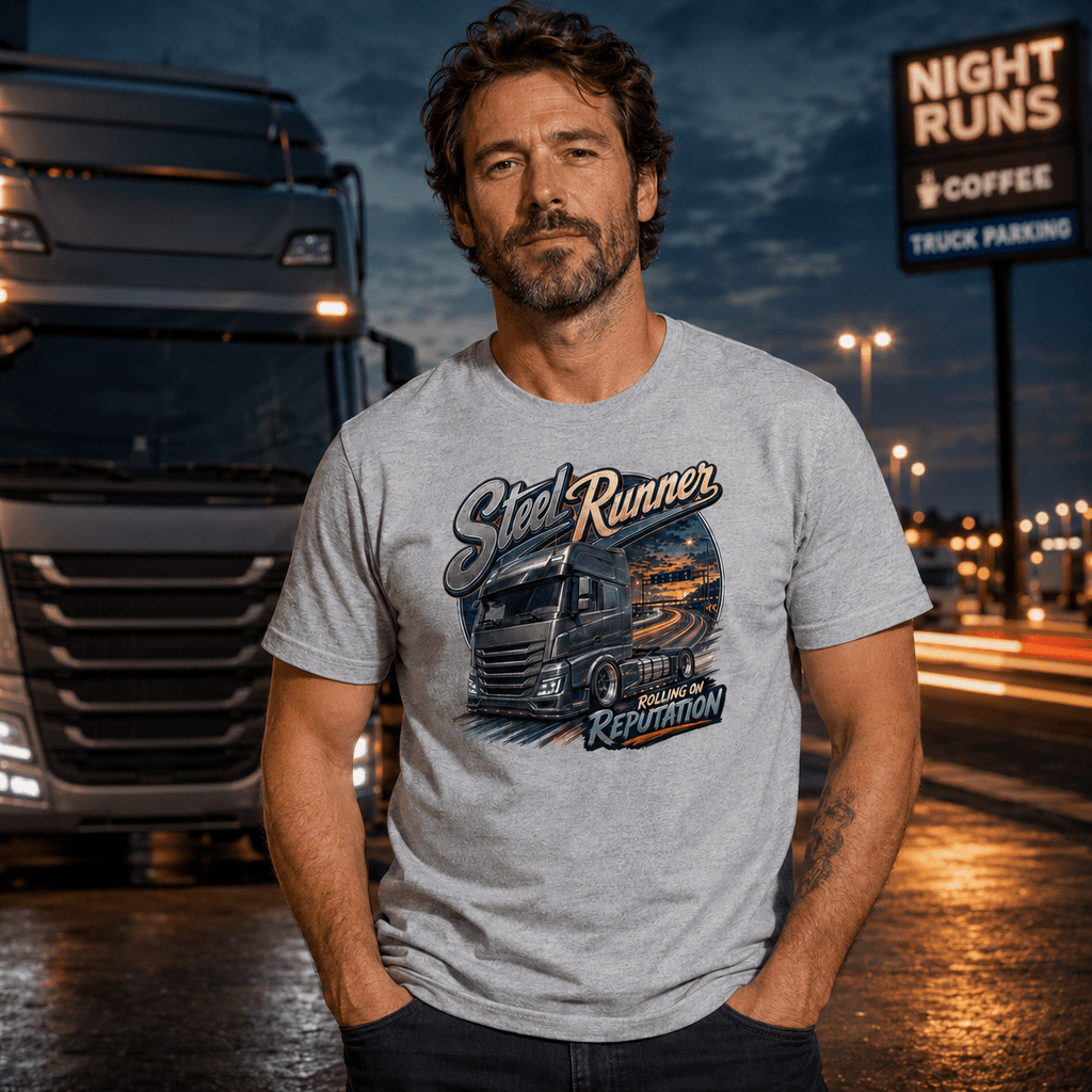 Model wearing the Camberline Steel Runner Lorry T-Shirt with lorry graphic clothing design