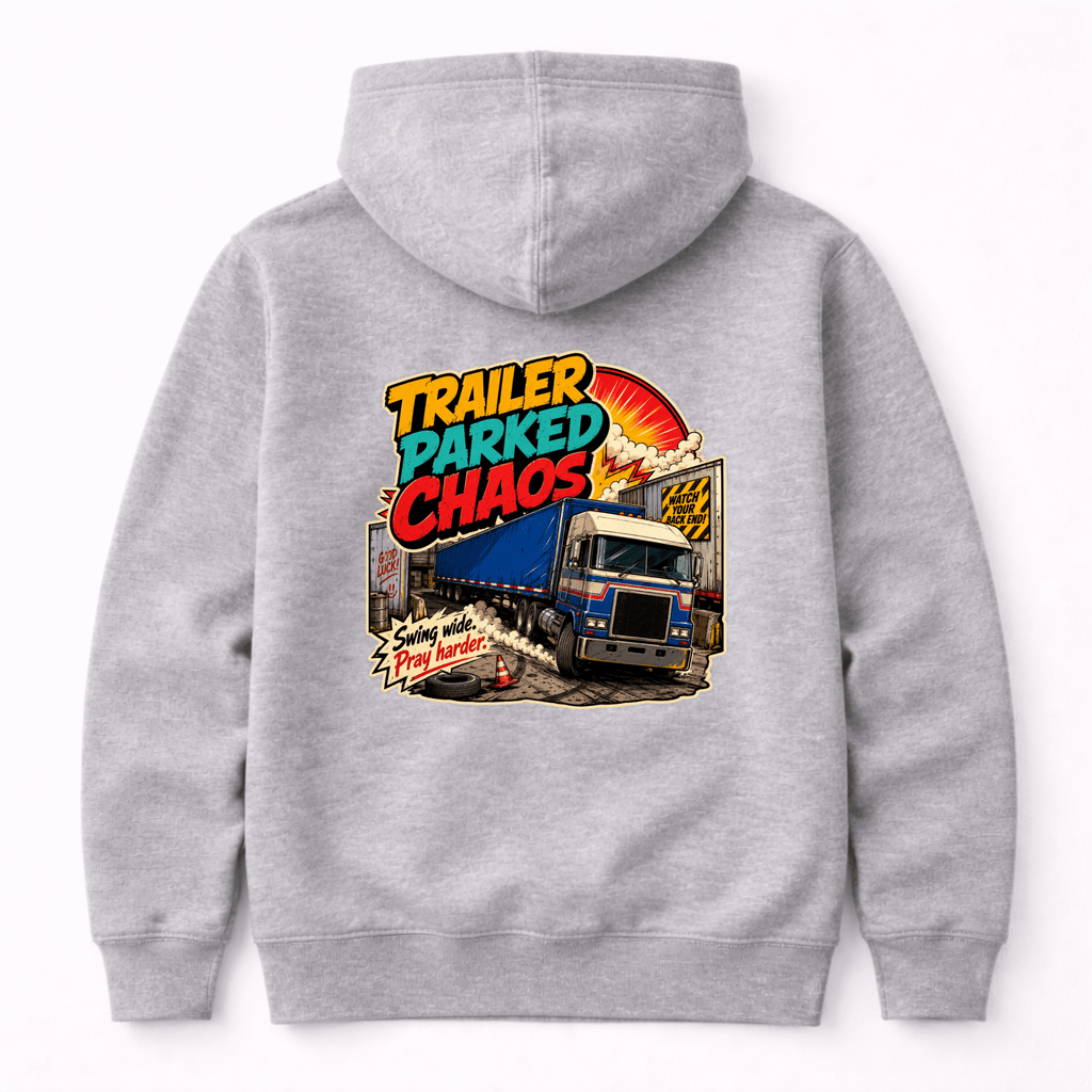 Camberline Trailer Parked Chaos Lorry Hoodie showing the back graphic print for lorries and haulage clothing