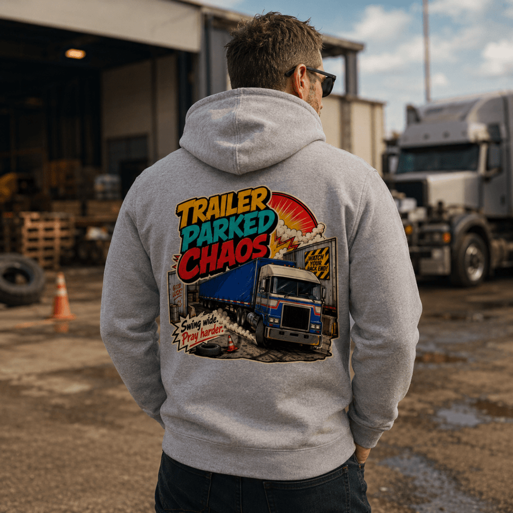 Camberline Trailer Parked Chaos grey hoodie worn by male model at haulage depot, back view showing full comic-style artic truck graphic