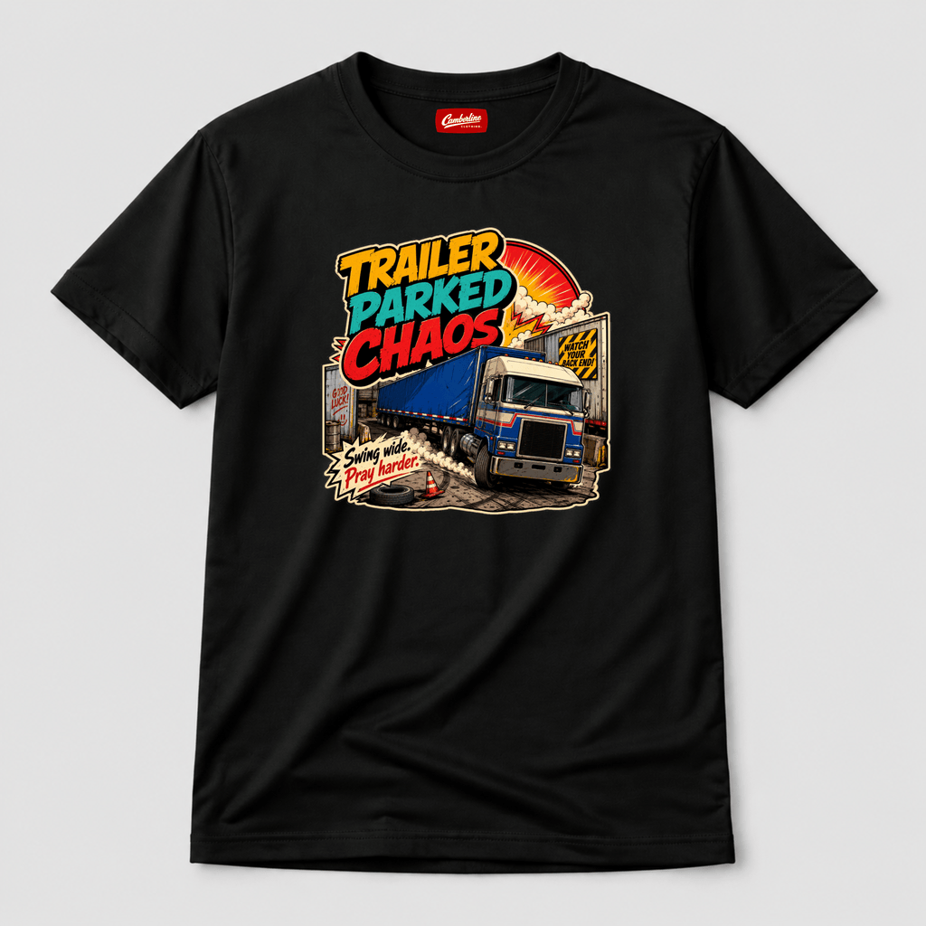 Camberline Trailer Parked Chaos Lorry T-Shirt showing the front graphic print for lorries and haulage clothing