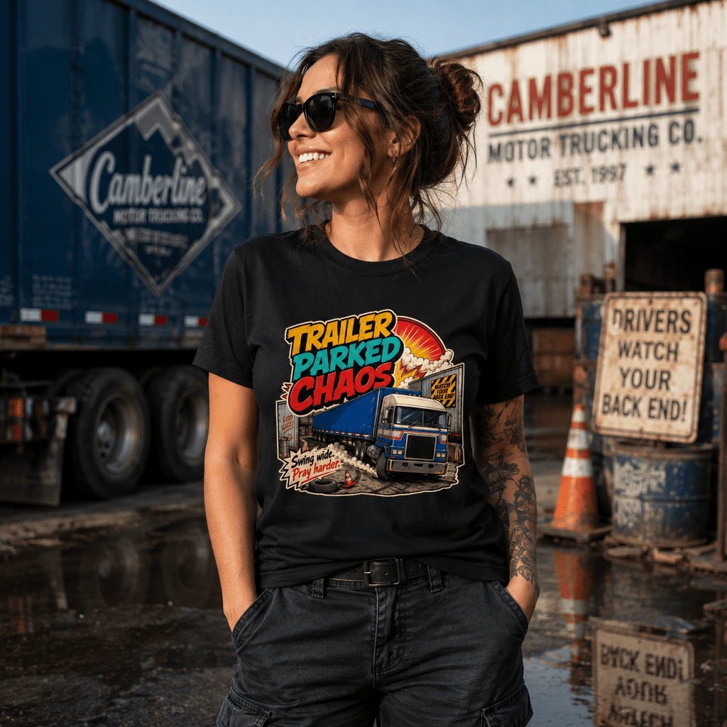 Model wearing the Camberline Trailer Parked Chaos Lorry T-Shirt with lorry graphic clothing design