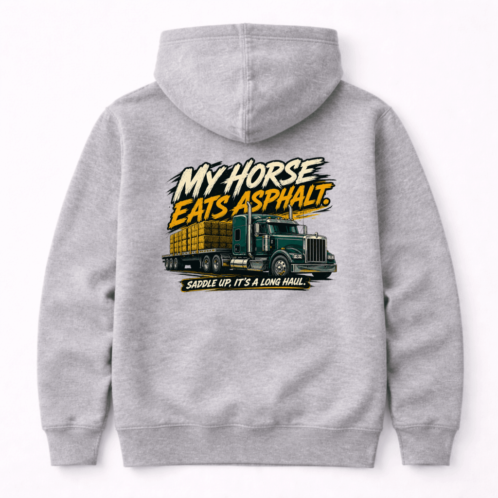 Gray hoodie with a graphic of a truck and text on the back, on a white background