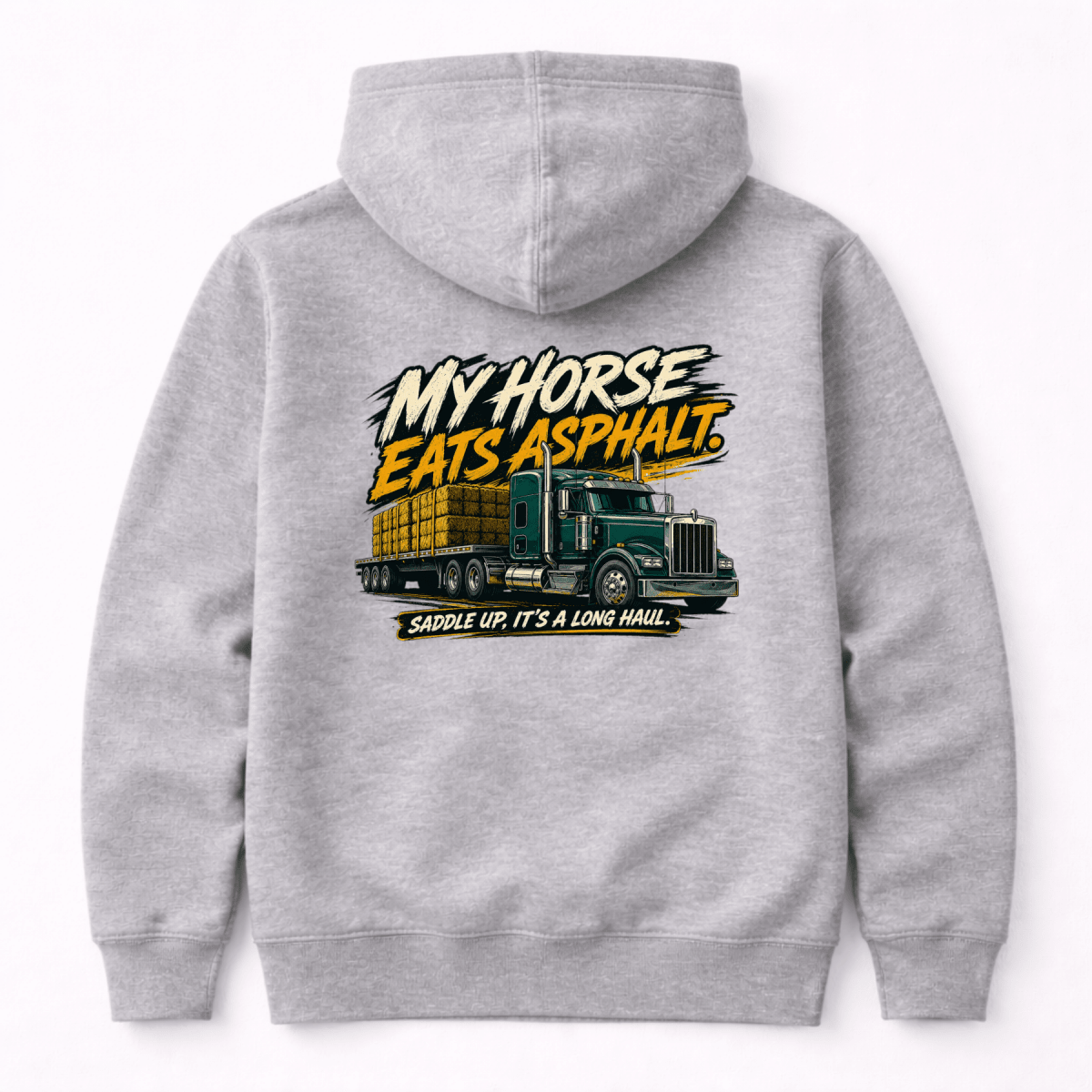 Gray hoodie with a graphic of a truck and text on the back, on a white background