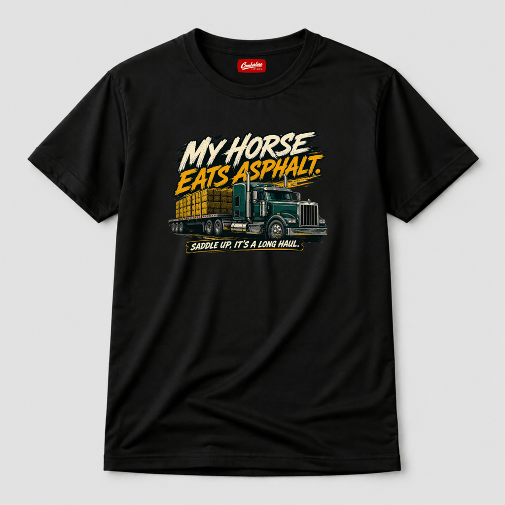 Black t-shirt with a graphic of a truck and text on a light gray background