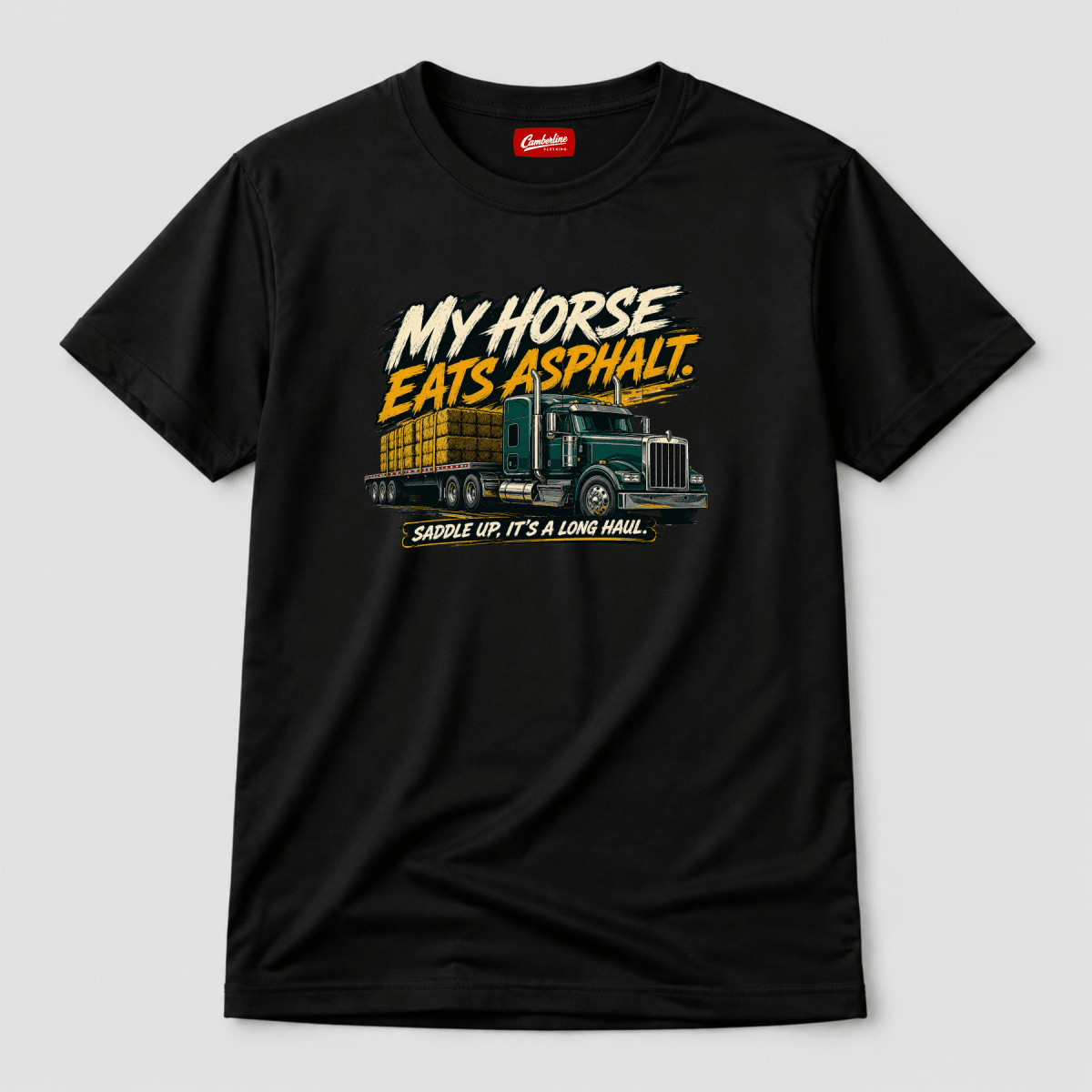 Black t-shirt with a graphic of a truck and text on a light gray background