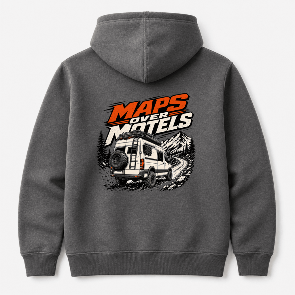 Camberline Maps Over Motels lifted 4x4 van on mountain trail graphic, dark heather hoodie, back view
