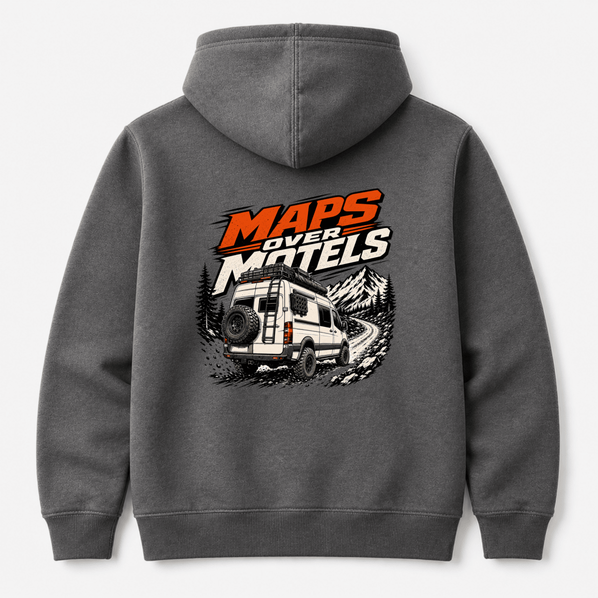 Camberline Maps Over Motels lifted 4x4 van on mountain trail graphic, dark heather hoodie, back view