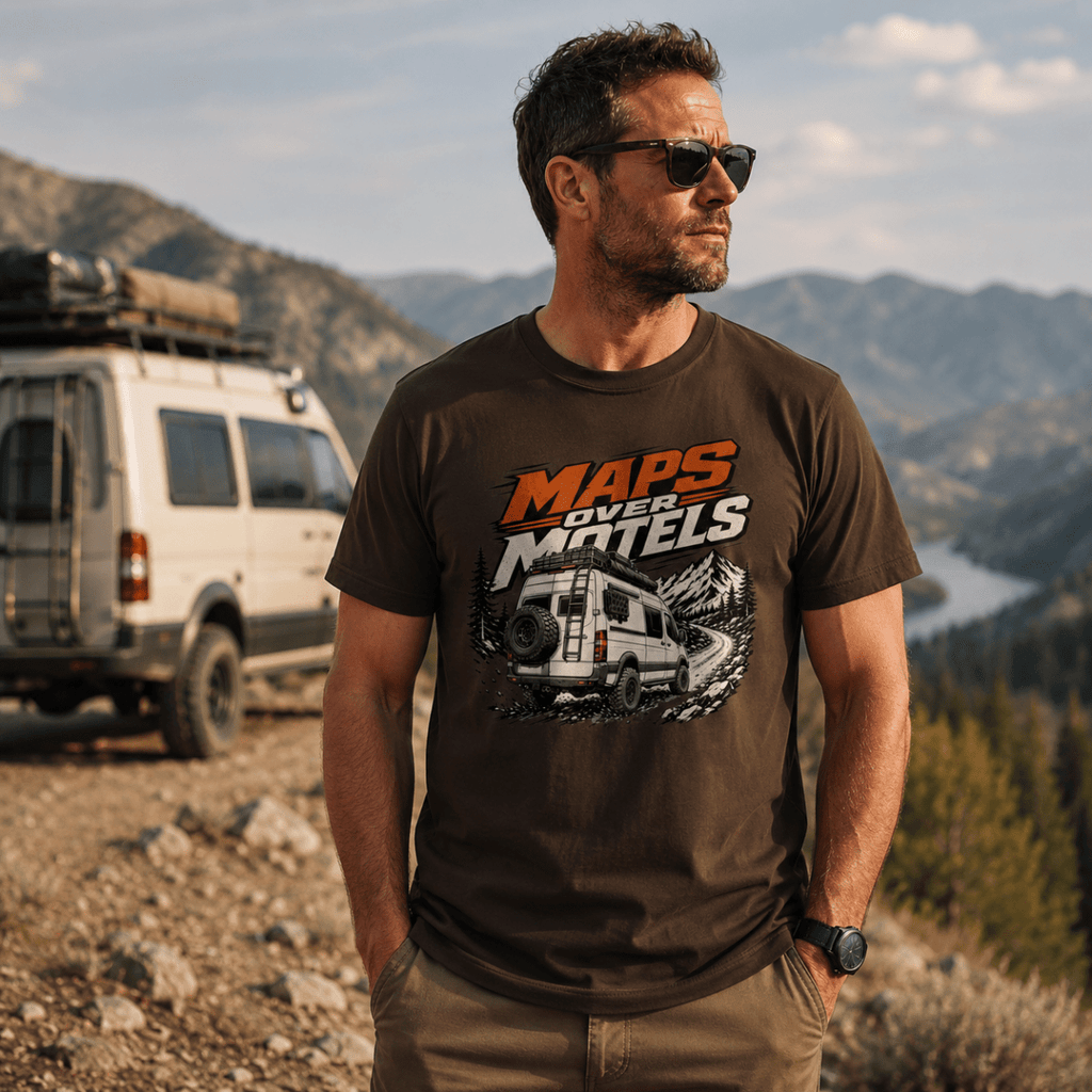 Model wearing Camberline chocolate brown van life t-shirt showing Maps Over Motels rear-view lifted 4x4 van on mountain trail on chest