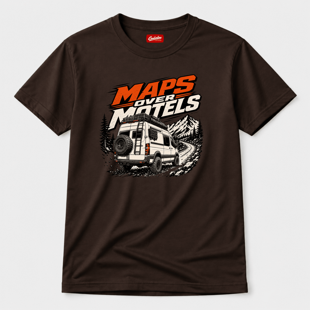 Camberline Maps Over Motels rear-view lifted 4x4 van on mountain trail, chocolate brown t-shirt, front view