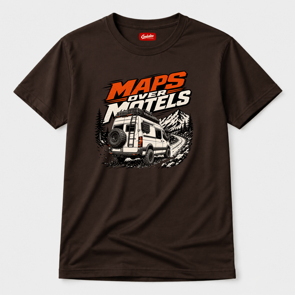 Camberline Maps Over Motels rear-view lifted 4x4 van on mountain trail, chocolate brown t-shirt, front view
