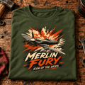 Spitfire Merlin Fury t-shirt in Military Green, folded on a workshop bench, showing the front print