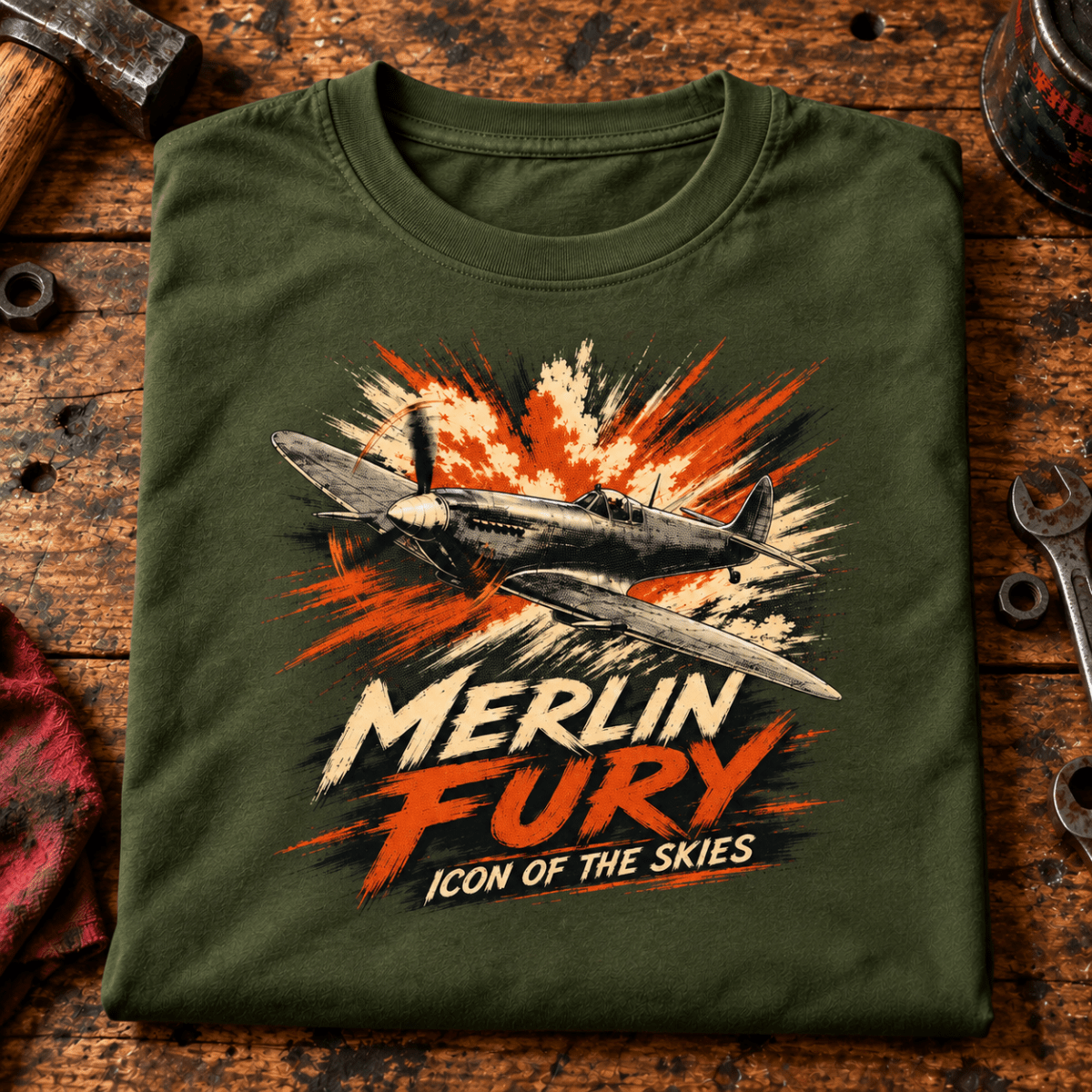Spitfire Merlin Fury t-shirt in Military Green, folded on a workshop bench, showing the front print