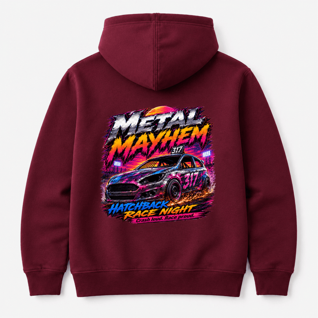 Camberline Metal Mayhem Hatchback Race Night Burgundy hoodie, back graphic for British oval racing fans