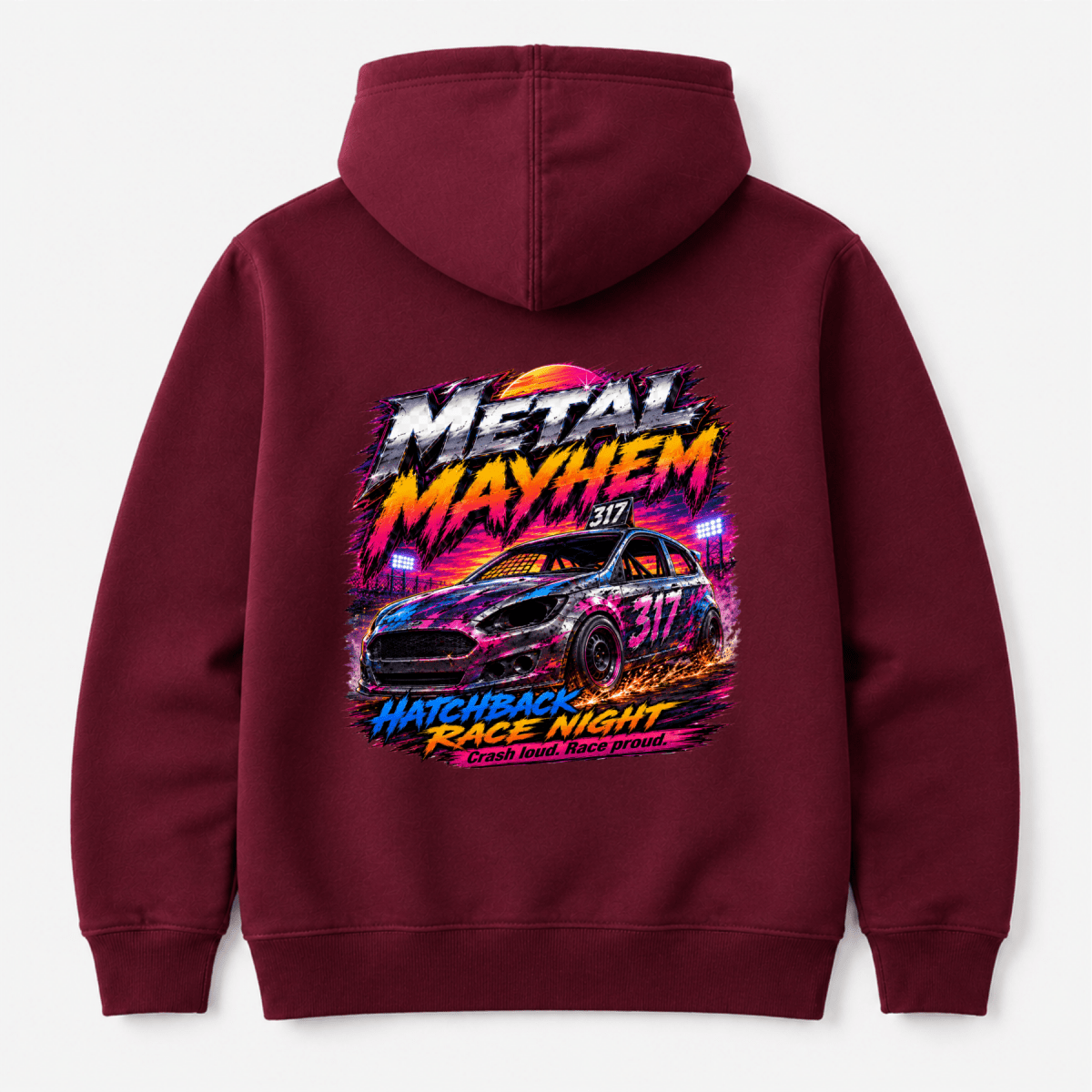 Camberline Metal Mayhem Hatchback Race Night Burgundy hoodie, back graphic for British oval racing fans