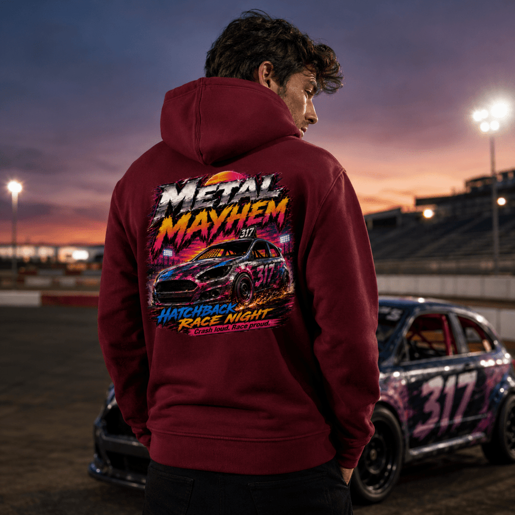 Model wearing Camberline Burgundy hoodie showing Metal Mayhem Hatchback Race Night British oval racing back graphic