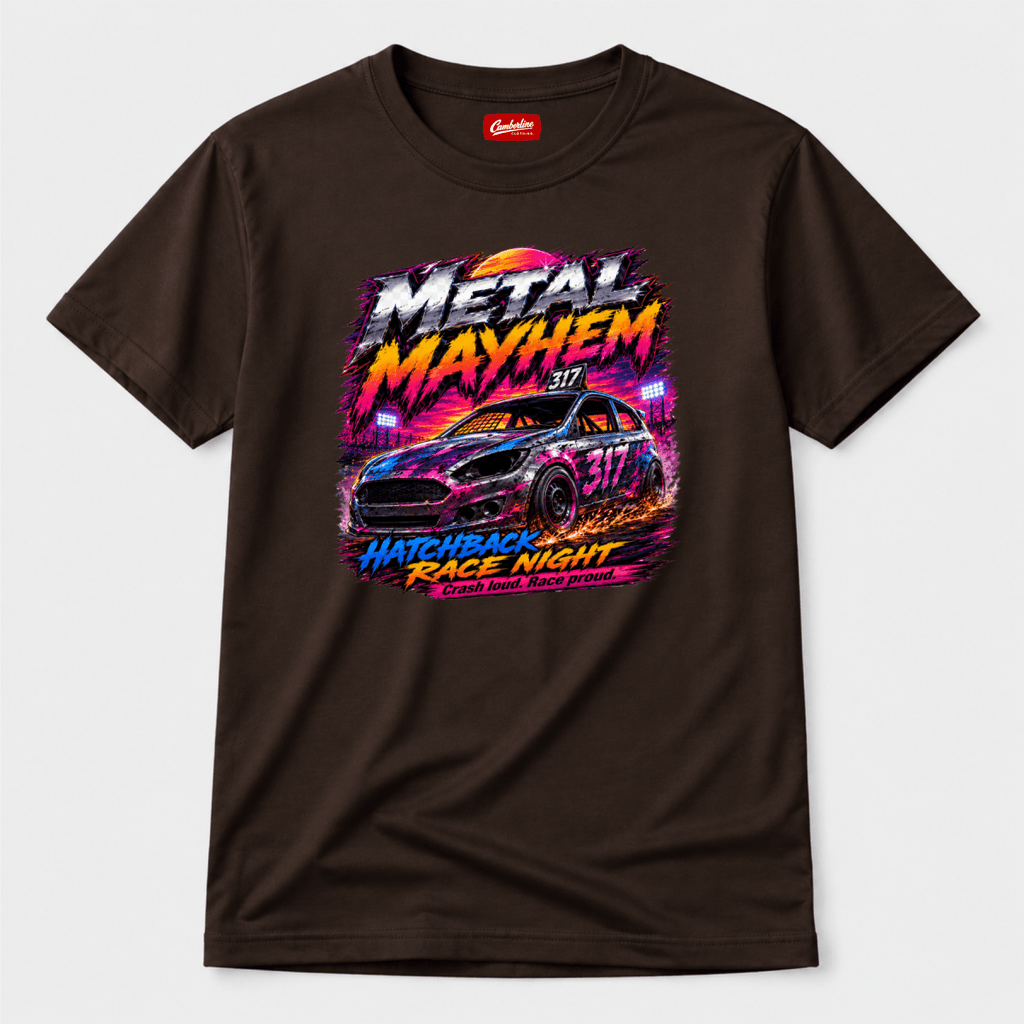 Camberline Metal Mayhem Hatchback Race Night Chocolate Brown t-shirt, front graphic for British oval racing fans