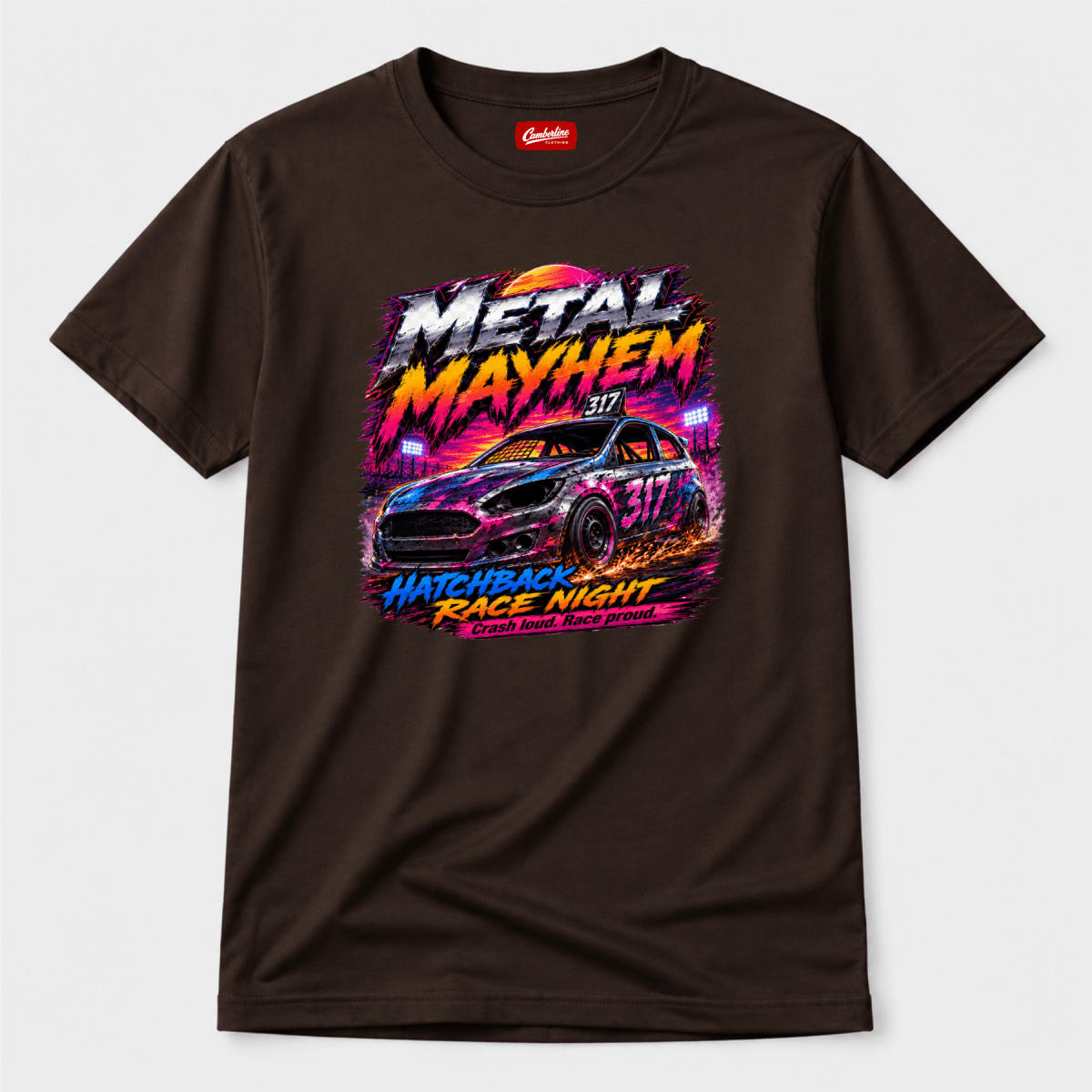 Camberline Metal Mayhem Hatchback Race Night Chocolate Brown t-shirt, front graphic for British oval racing fans