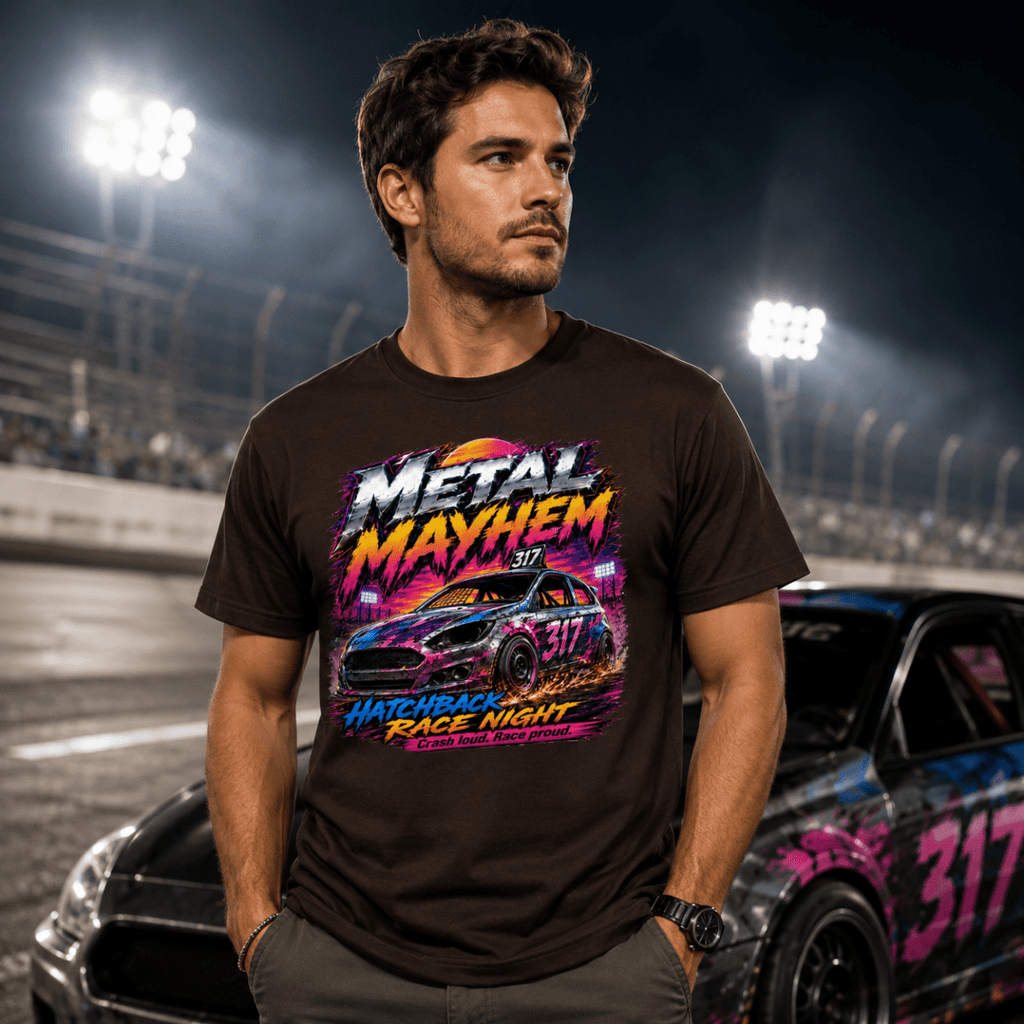 Model wearing Camberline Chocolate Brown t-shirt showing Metal Mayhem Hatchback Race Night British oval racing front graphic