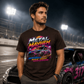 Model wearing Camberline Chocolate Brown t-shirt showing Metal Mayhem Hatchback Race Night British oval racing front graphic