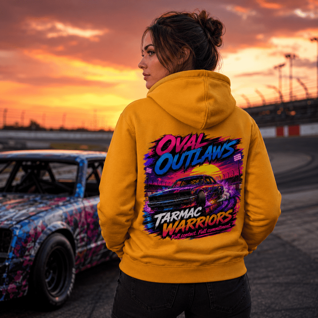Model wearing Camberline Chocolate Brown hoodie showing Midnight Metal Banger Club British oval racing back graphic
