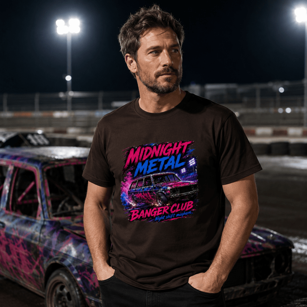 Model wearing Camberline Charcoal t-shirt showing Midnight Metal Neon Banger British oval racing front graphic