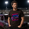 Model wearing Camberline Charcoal t-shirt showing Midnight Metal Neon Banger British oval racing front graphic