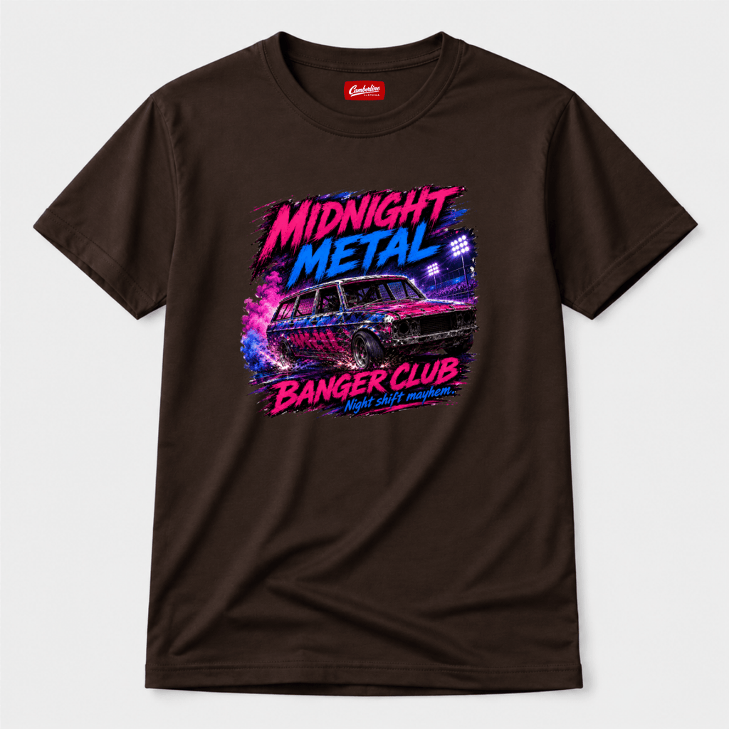 Camberline Midnight Metal Neon Banger Charcoal t-shirt, front graphic for British oval racing fans