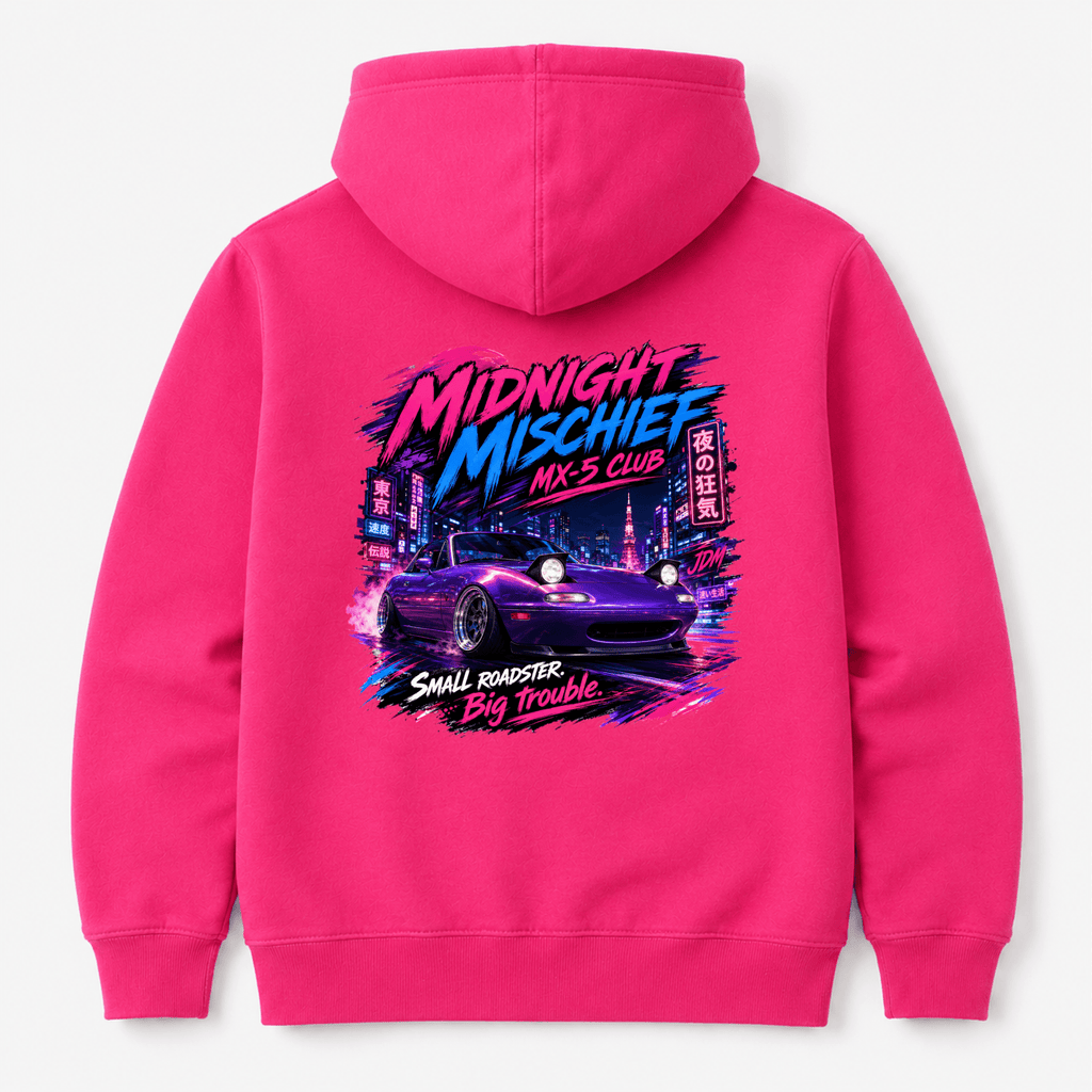 Camberline Cars Midnight Mischief Club Small Roadster Big Trouble JDM Hoodie in Hot Pink showing back graphic
