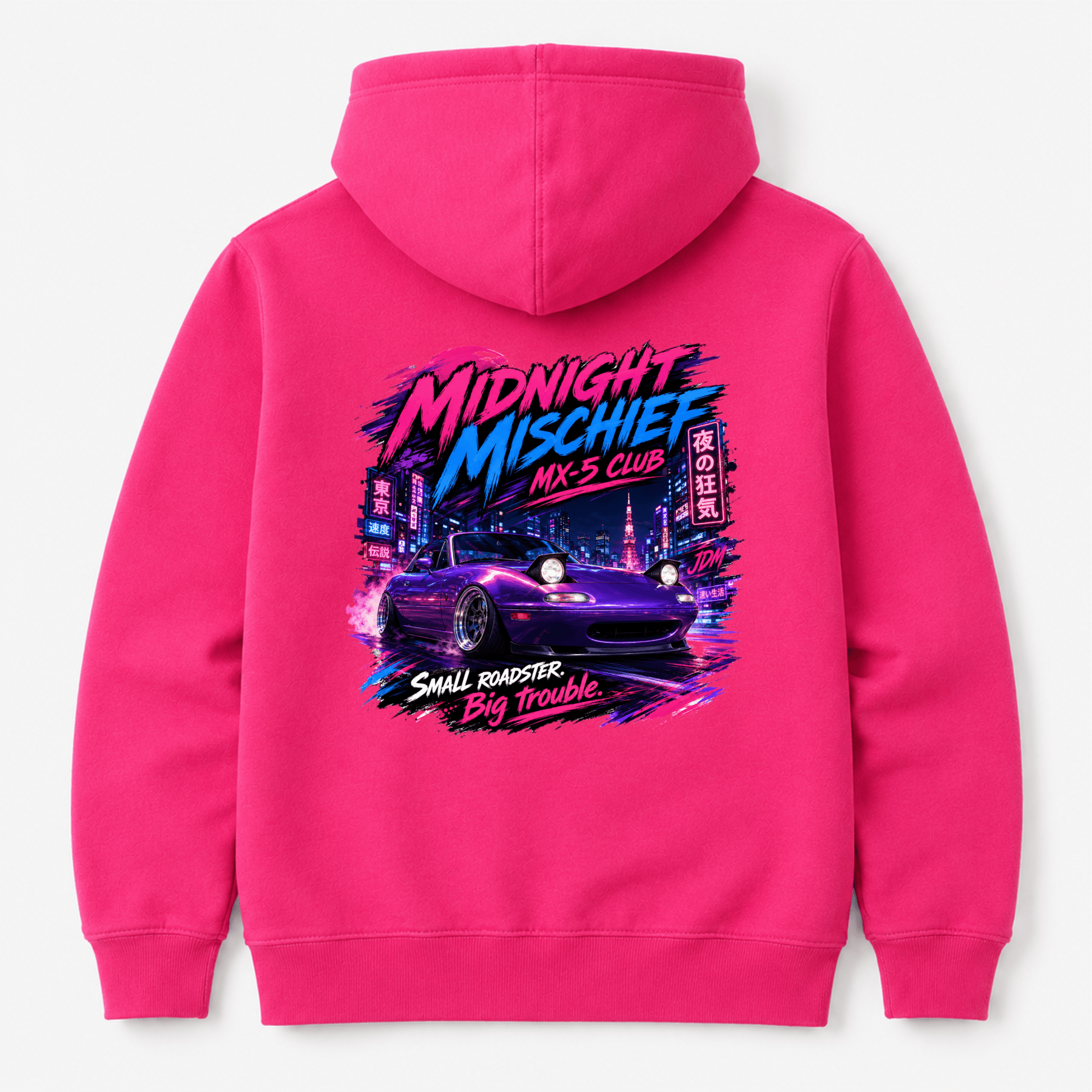 Camberline Cars Midnight Mischief Club Small Roadster Big Trouble JDM Hoodie in Hot Pink showing back graphic