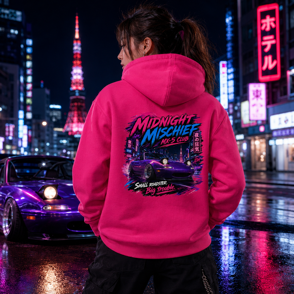 Model wearing Camberline Cars Midnight Mischief Club Small Roadster Big Trouble JDM Hoodie in Hot Pink