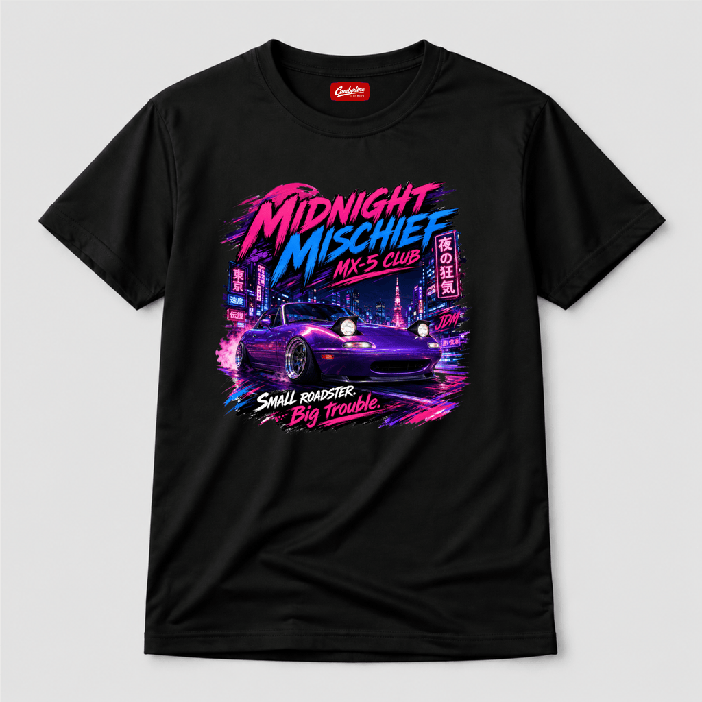 Camberline Cars Midnight Mischief Club Small Roadster Big Trouble JDM T-Shirt in Black showing front graphic