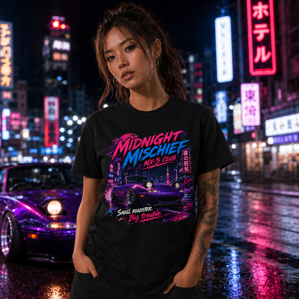 Model wearing Camberline Cars Midnight Mischief Club Small Roadster Big Trouble JDM T-Shirt in Black