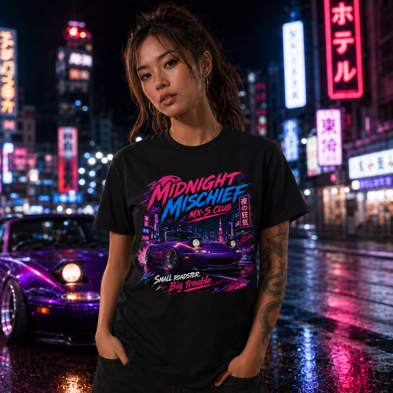 Model wearing Camberline Cars Midnight Mischief Club Small Roadster Big Trouble JDM T-Shirt in Black