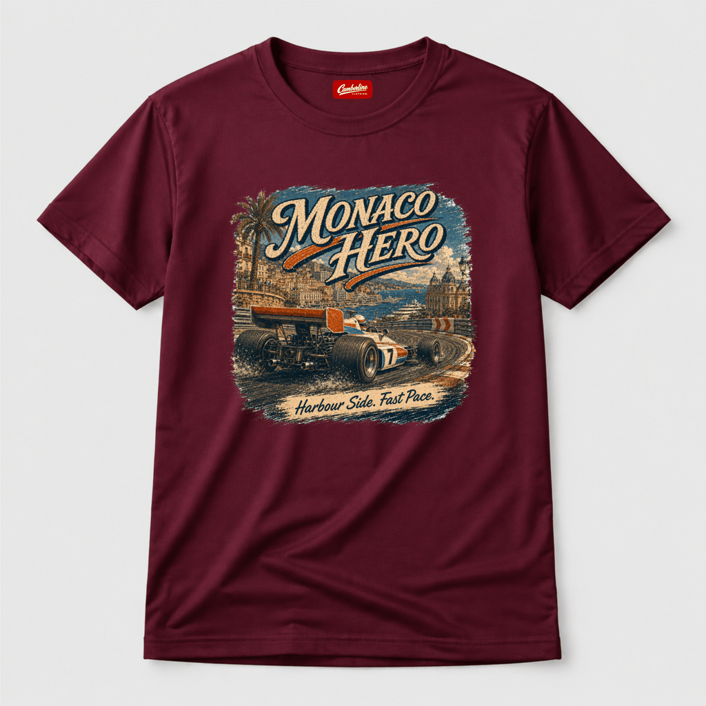 Camberline Cars Monaco Hero Harbour Side Fast Pace Formula Racing T-Shirt in Burgundy showing front graphic