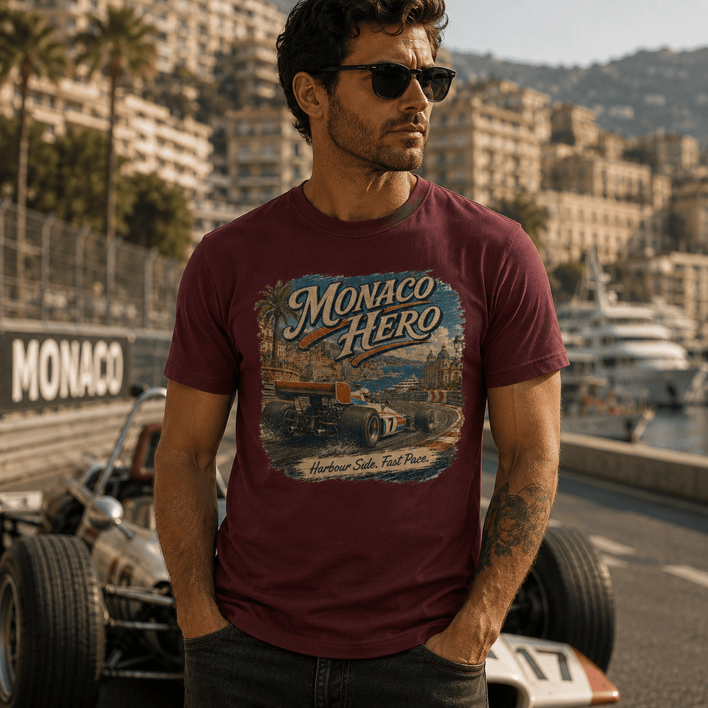 Model wearing Camberline Cars Monaco Hero Harbour Side Fast Pace Formula Racing T-Shirt in Burgundy