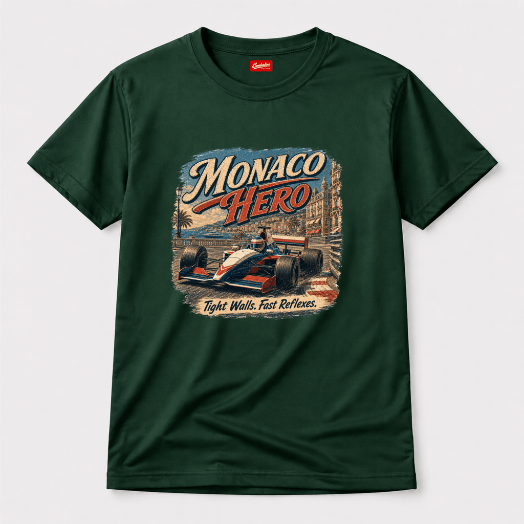 Camberline Cars Monaco Hero Tight Walls Fast Reflexes Formula Racing T-Shirt in Forest Green showing front graphic