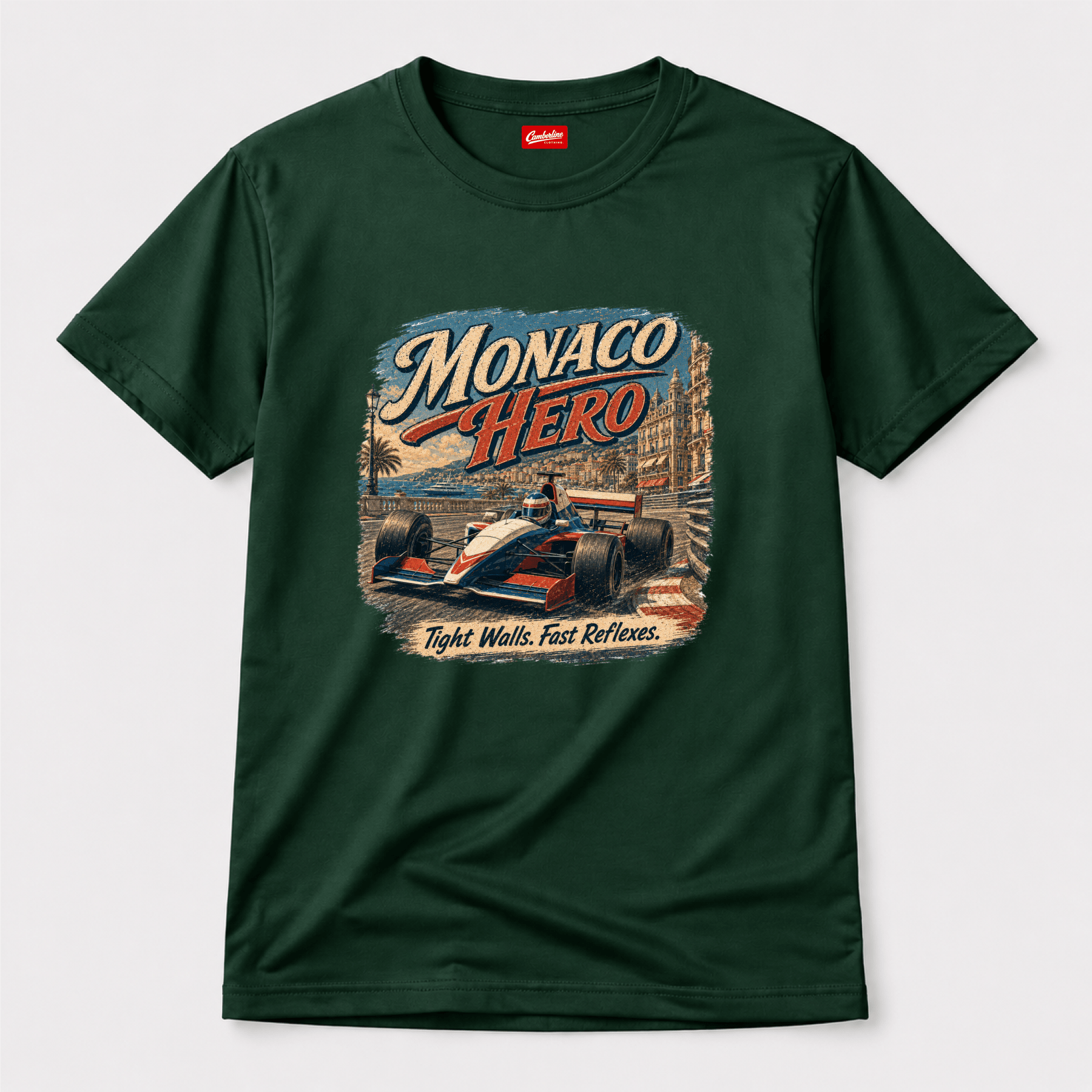 Camberline Cars Monaco Hero Tight Walls Fast Reflexes Formula Racing T-Shirt in Forest Green showing front graphic